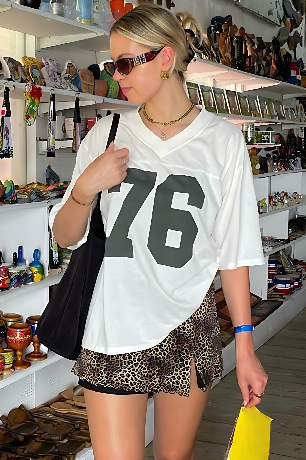 Slouchy Number Print Off Shoulder T-Shirt