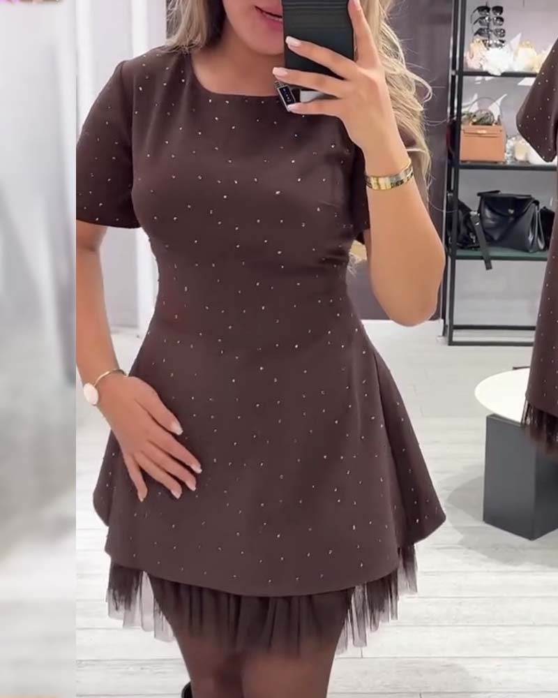 Rhinestone Tulle Hem Short Sleeve Fit and Flare Mini Dress