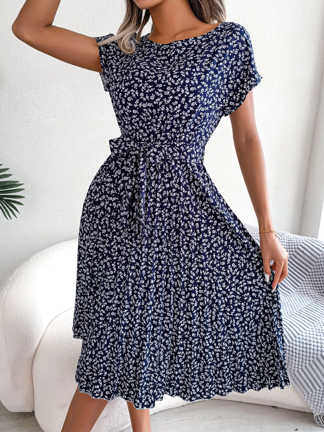 Ditsy Floral Pleated Belted Dress Navy
