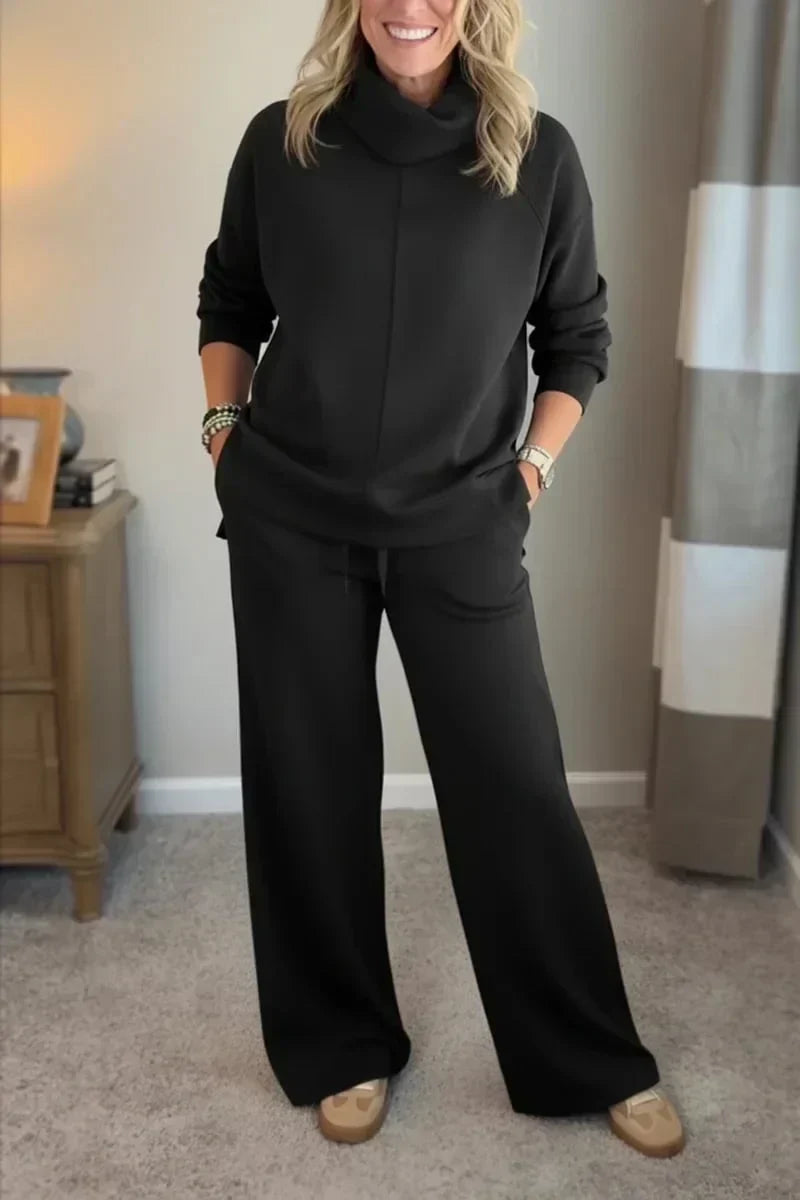 Cowl Neck Long Sleeve Top and Wide Leg Pants Two Piece Set