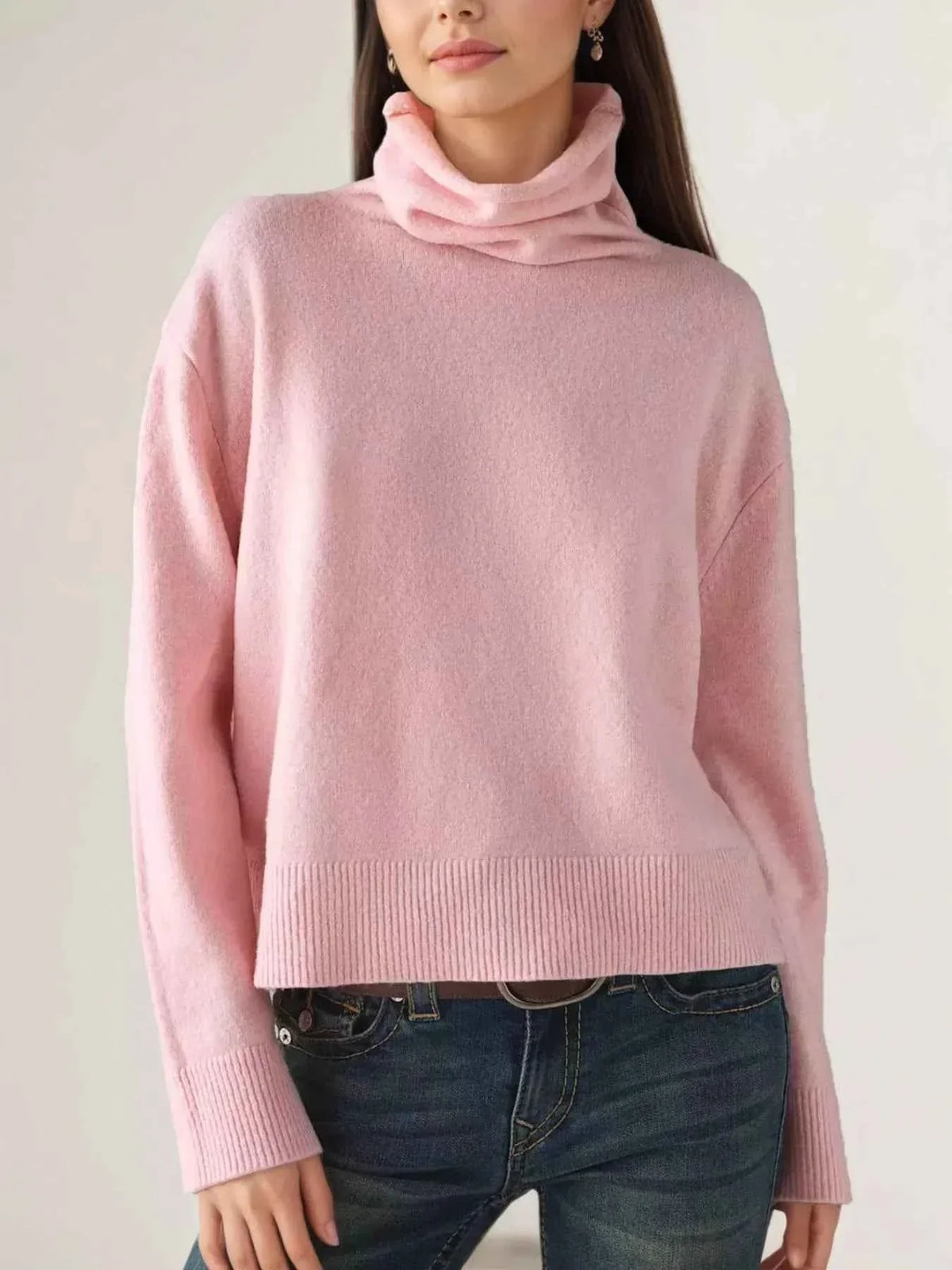 Turtleneck Drop Shoulder Long Sleeve Ribbed Hem Knit Sweater