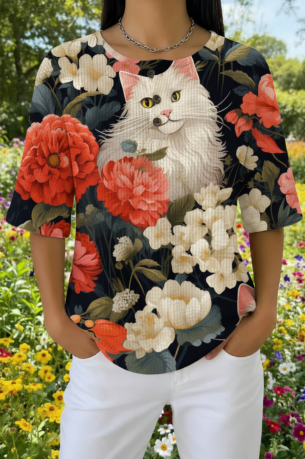 Womens Black Orange Floral White Cat Print Casual Shirt