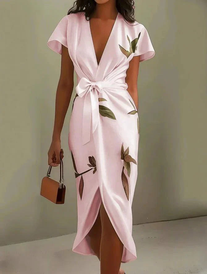 White Leaf Short Sleeve Satin Wrap Sheath Midi Dress Pink