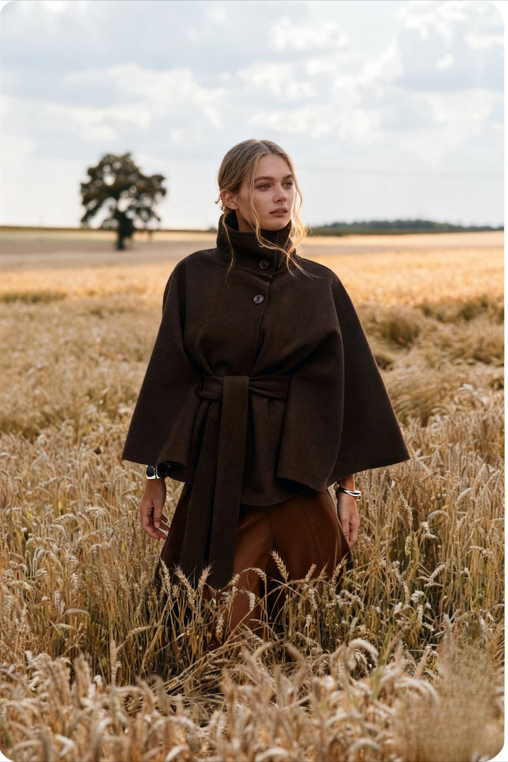 Button Up Stand Collar Cape Coat