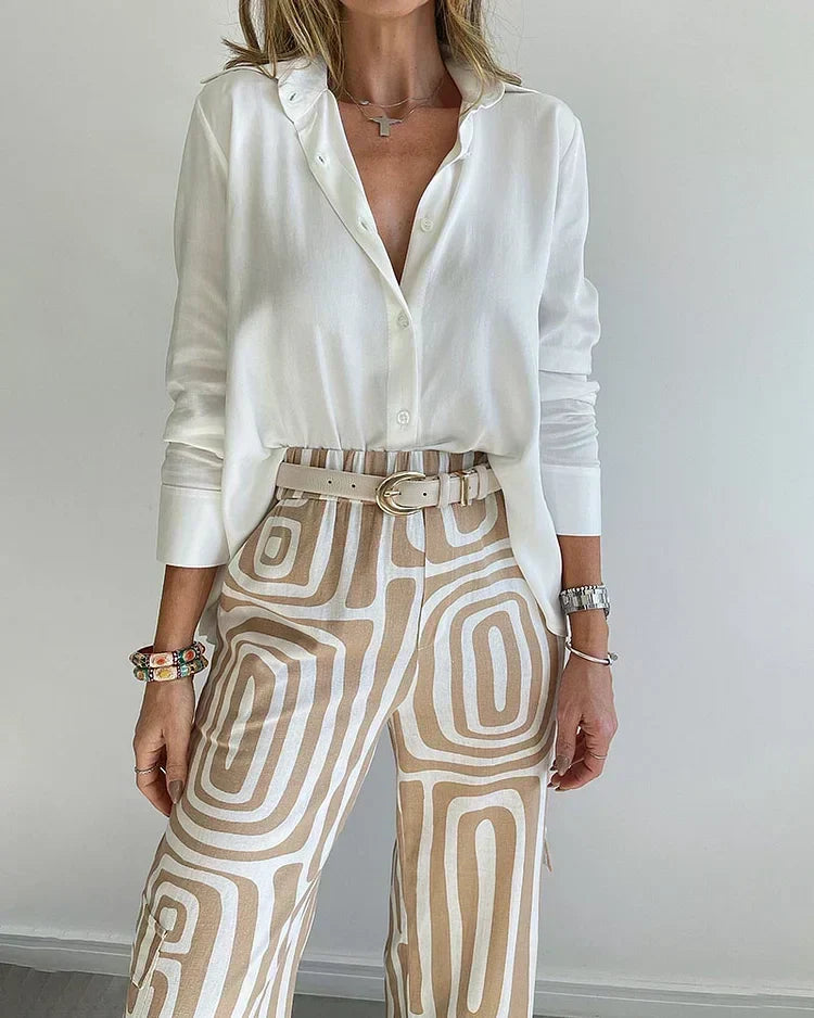 Long Sleeve Shirt and Geometric Print Wide Leg Pants Two Piece Set