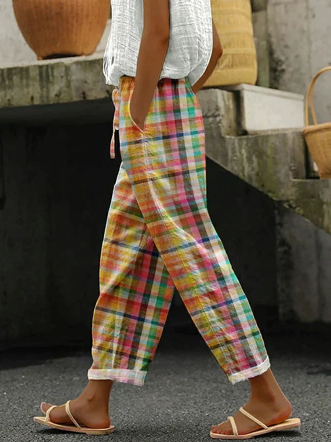Plaid Drawstring High Waist Tapered Pants