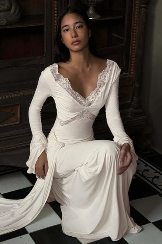 V-Neck Lace Trim Flounce Sleeve Tie Maxi Lace Dress