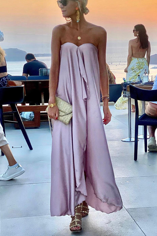 Strapless Satin Draped Front Asymmetric Hem Loose Maxi Dress