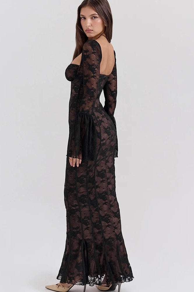 Square Collar Extended Sleeve Maxi Dress