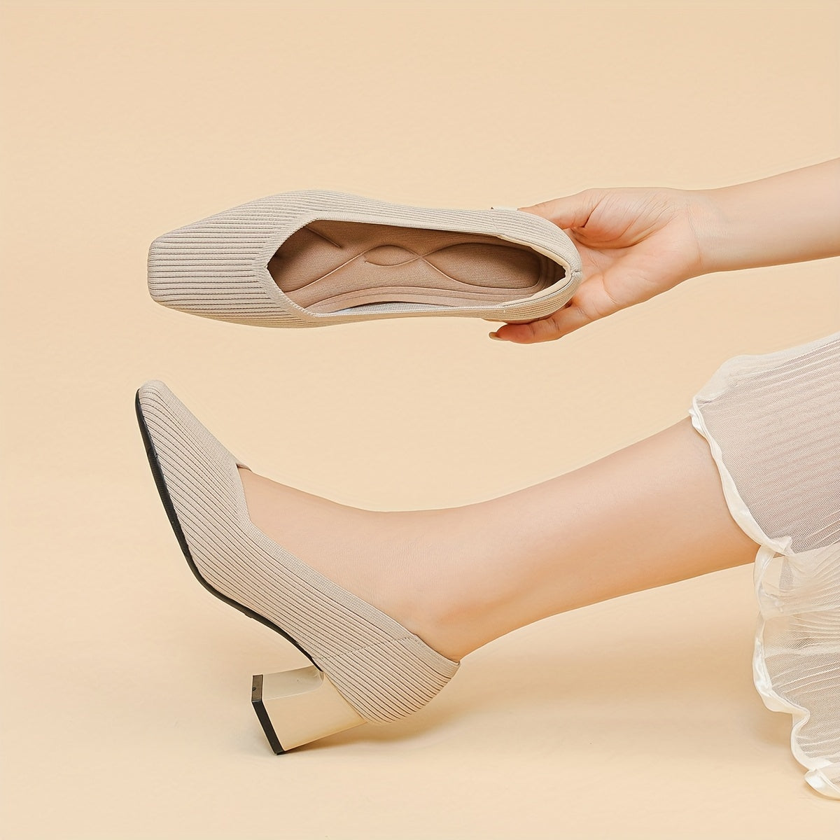 Square Toe Block Heel Slip On Pumps