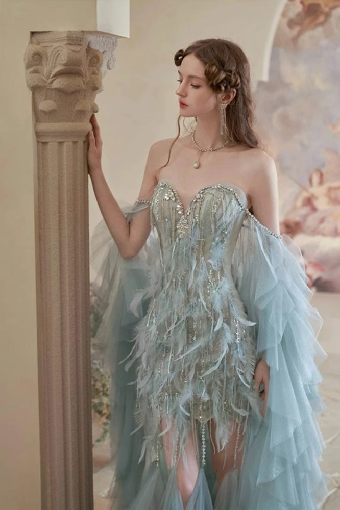 Feather Trim Ball Gown Prom Dress