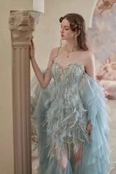 Feather Trim Ball Gown Prom Dress