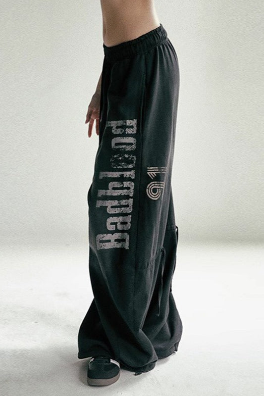 Washed Letter Graphic Elastic Waist Baggy Wide Leg Sweatpants