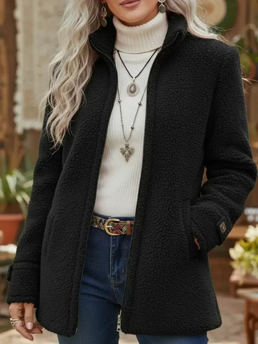 Zip Front Stand Collar Teddy Fleece Jacket