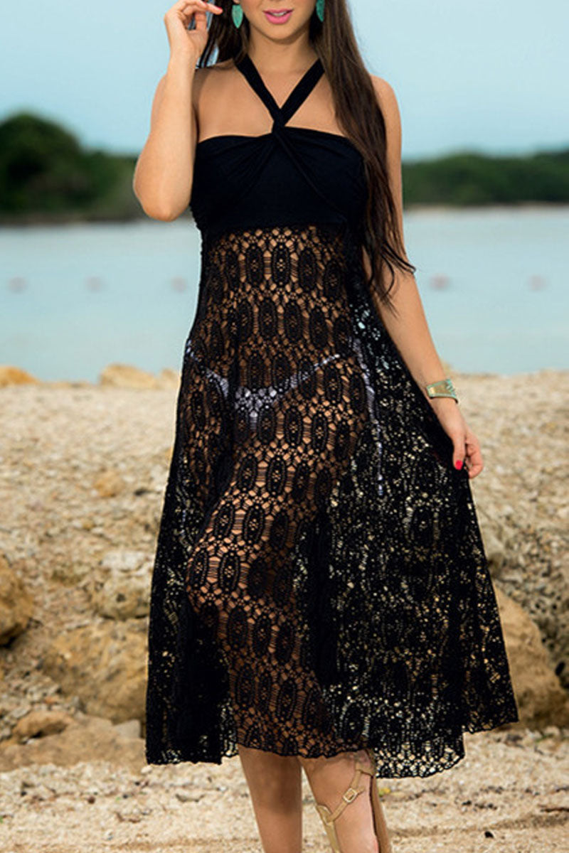 Print Hollow-out Solid Cover-Up (2 Colors)