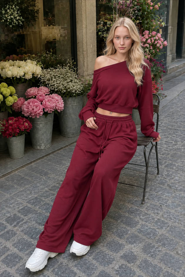Ribbed Off Shoulder Crop Sweatshirt Pants Set