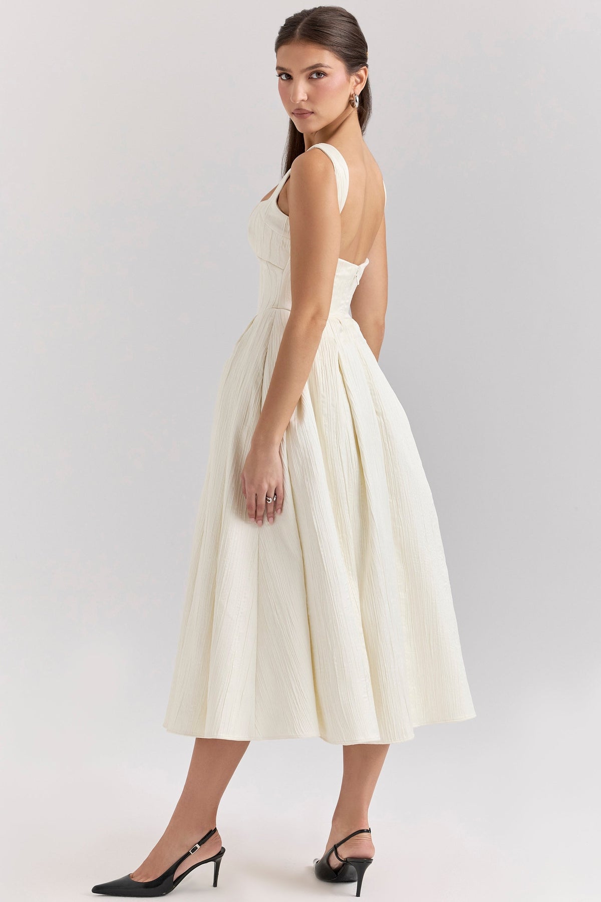 Textured Satin Square Neck Corset Bodice Pleated A-Line Midi Dress 6