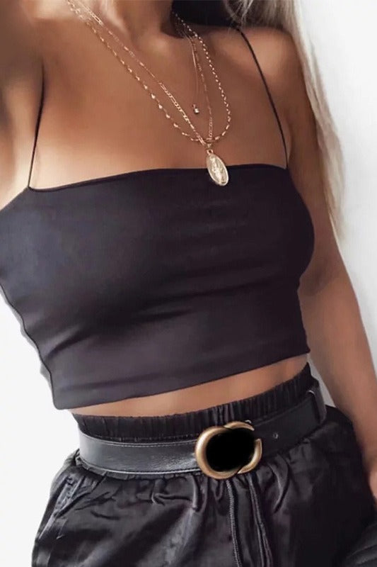 Spaghetti Strap Straight Neck Fitted Stretch Cami Crop Top 2