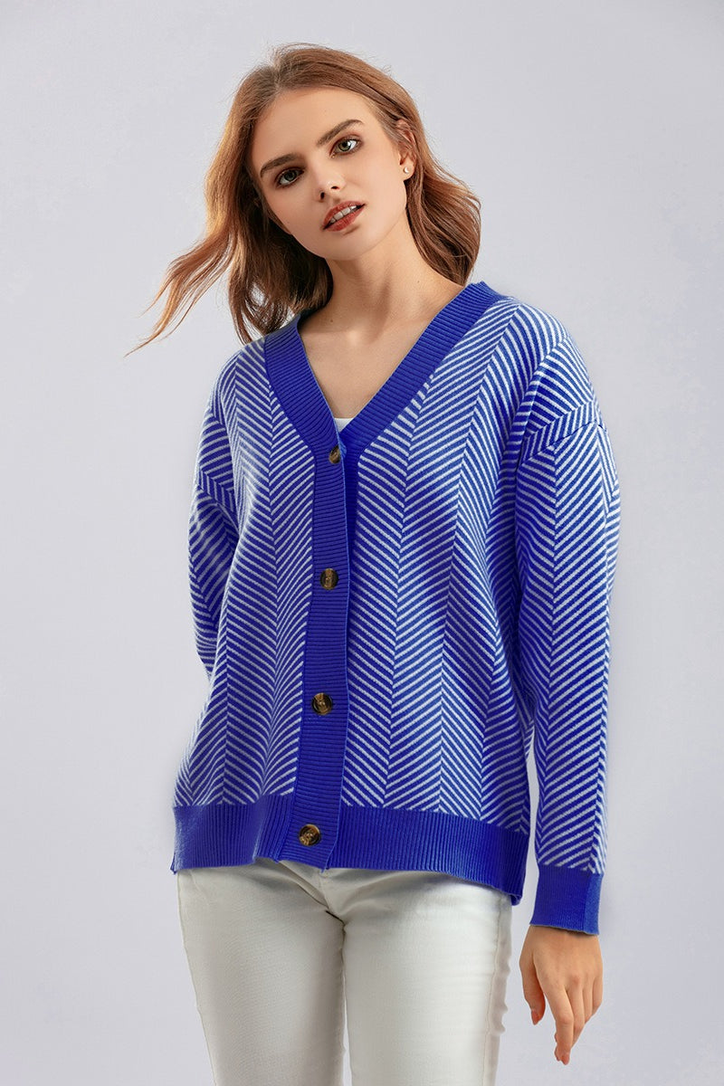 V-Neck Button Front Chevron Stripe Long Sleeve Knit Cardigan 5