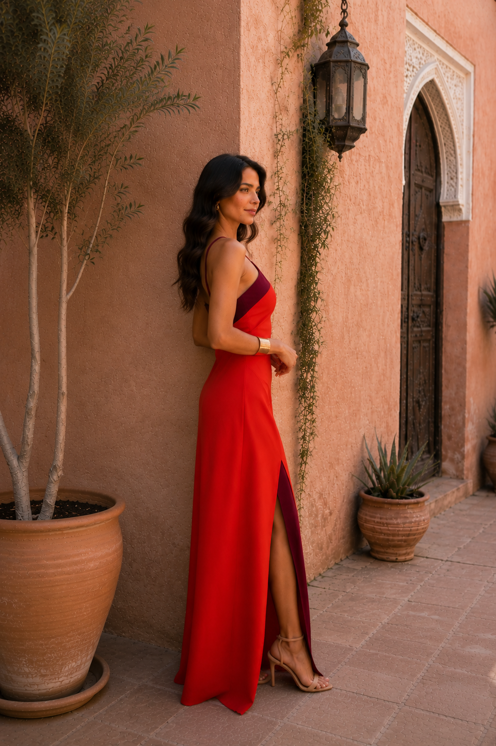 Halter Neck High Split Contrast Trim Maxi Dress