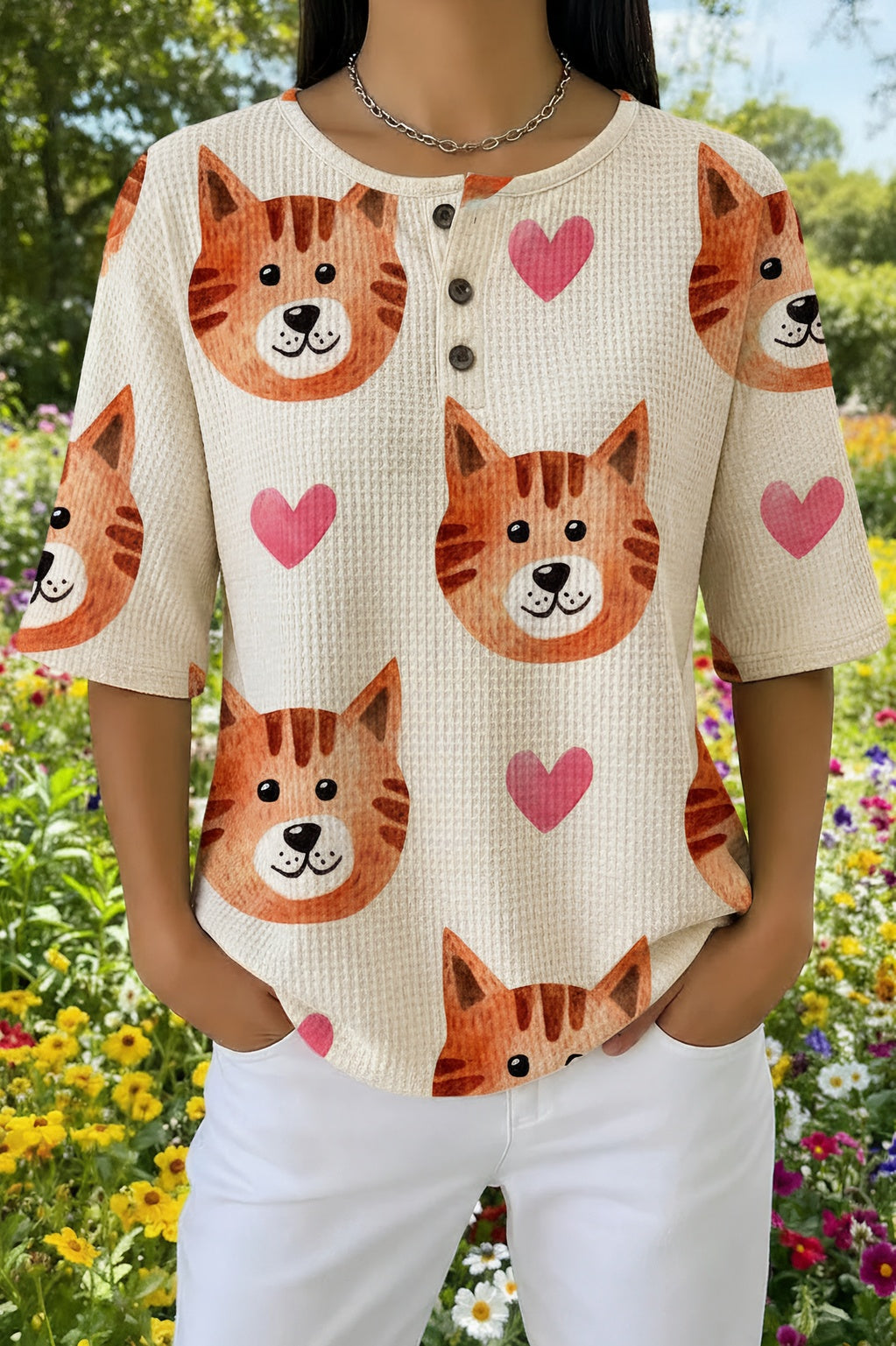 Womens Cream Heart Cat Emoji Print Casual Shirt