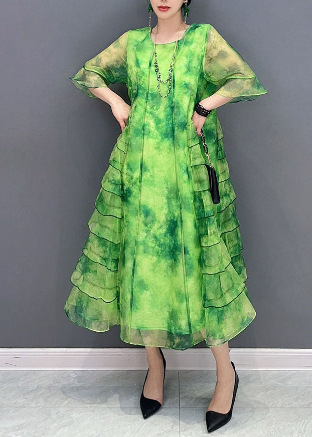 Tie Dye Round Neck Ruffle Sleeve Tiered Ruffle Chiffon Midi Dress