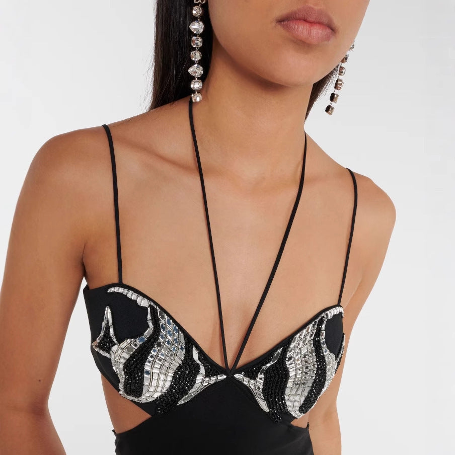 Crystal Embellished Bustier Cut Out Strappy Maxi Gown 4