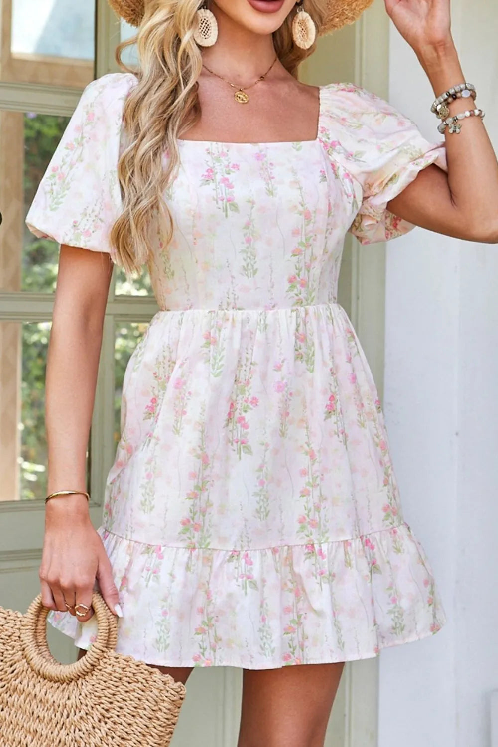 Floral Print Square Neck Puff Sleeve Ruffle Hem A-Line Mini Dress