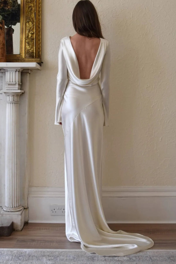Satin Cowl Back Long Flare Sleeve Maxi Gown with Train 7