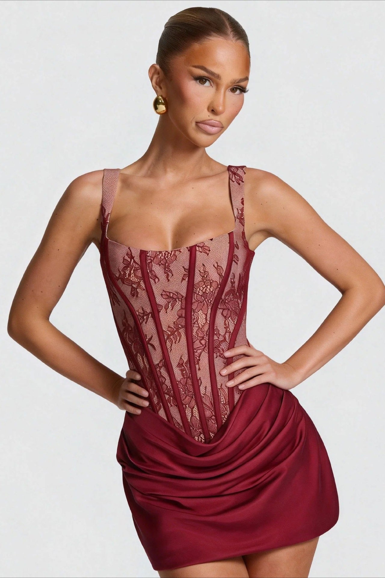 Lace Cami Drape Waist Tie Bodycon Mini Lace Dress