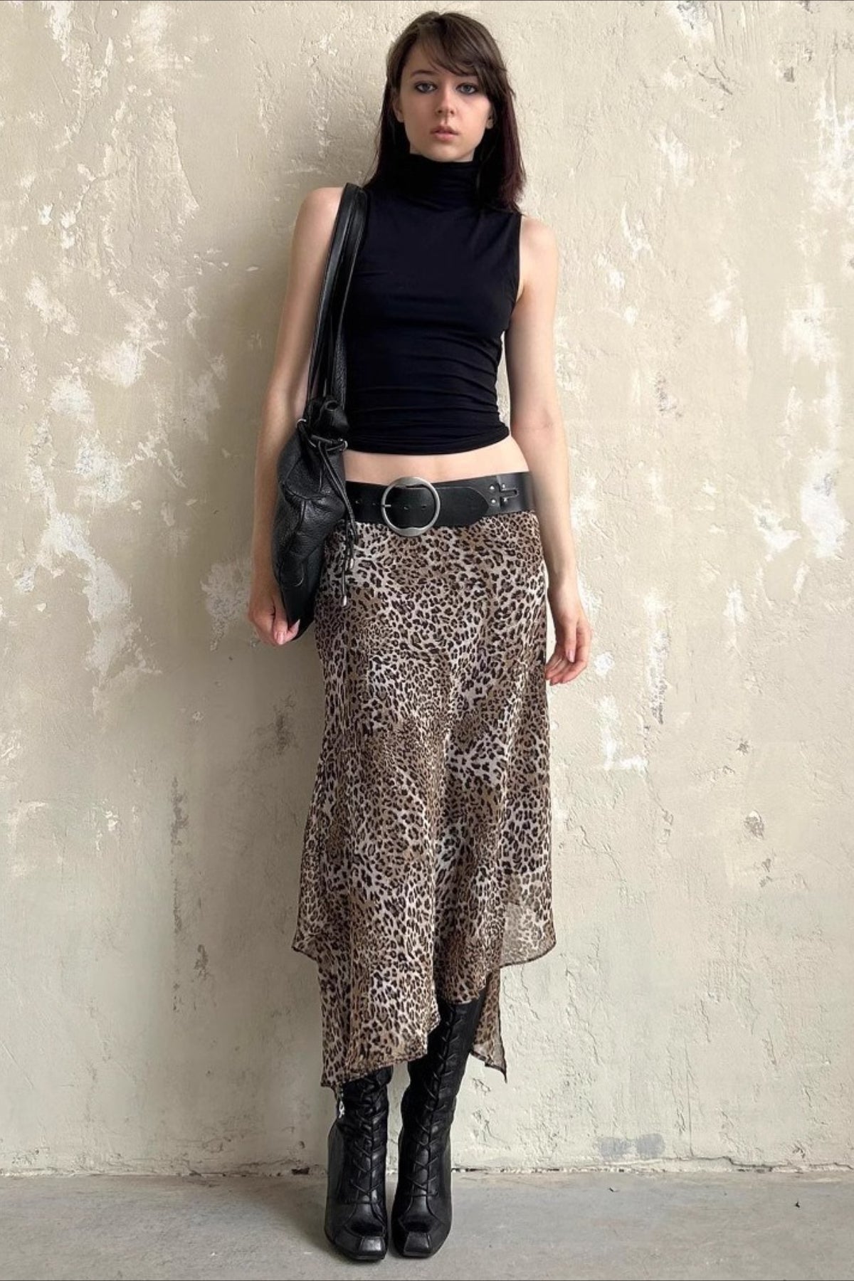 Leopard Print Sheer Mesh Layered Hem Low Rise Midi Skirt 2