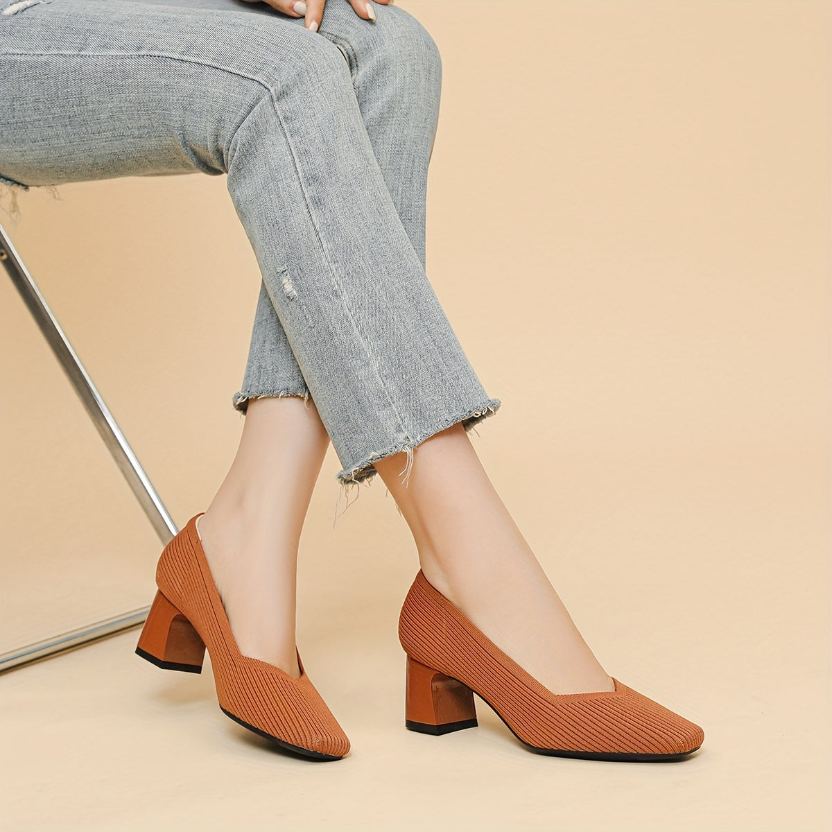 Square Toe Block Heel Slip On Pumps