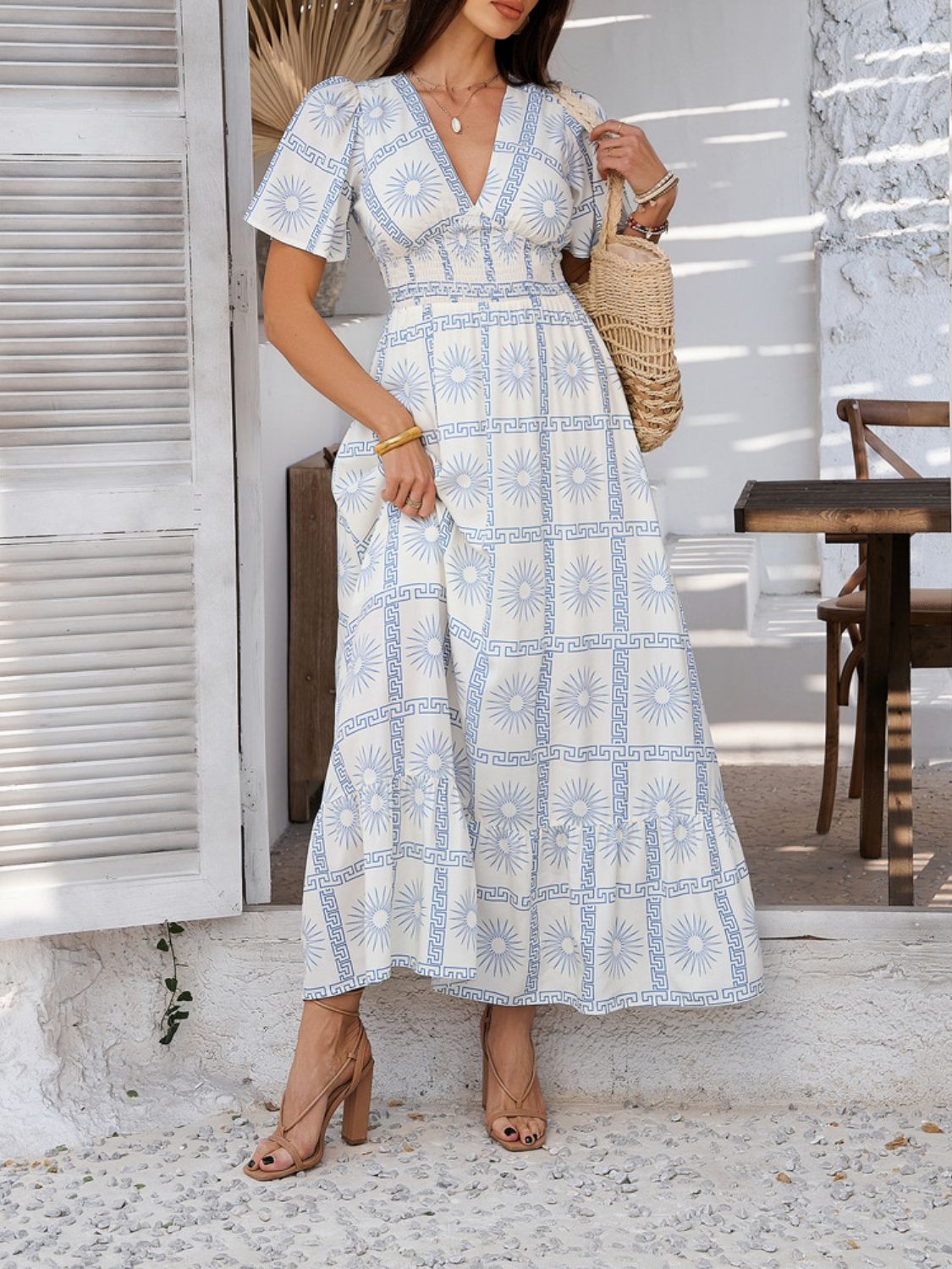Geometric Tile Print V-Neck Short Sleeve Smocked Waist Ruffle Hem Maxi Dress 3