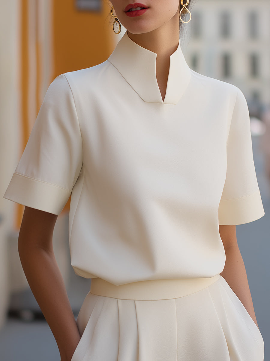 Stand Collar Split Neck Short Sleeve Blouse