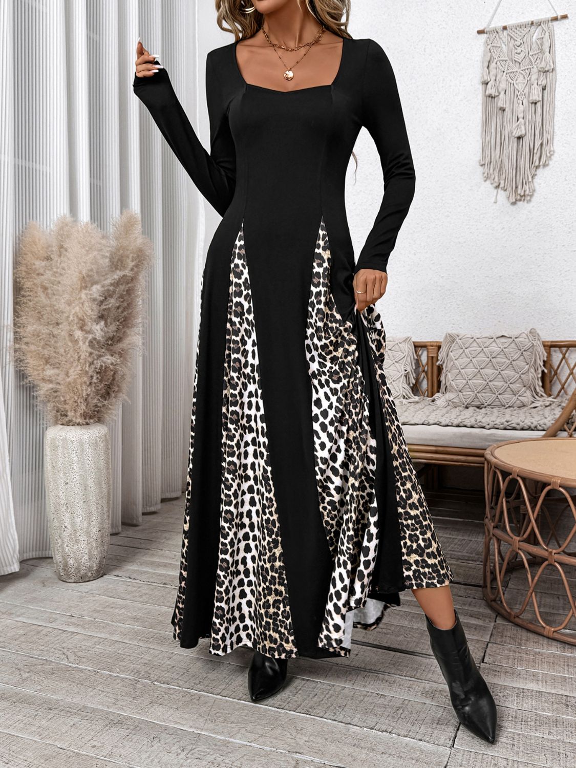 Leopard Print Godet Panel Square Neck Long Sleeve Flowy Maxi Dress 4