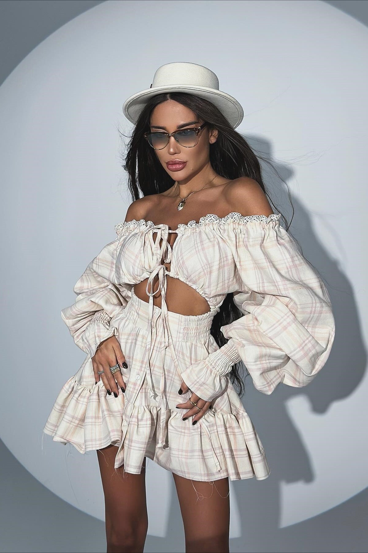 Plaid Off Shoulder Lantern Sleeve Tie Front Cut Out Ruffle Mini Dress