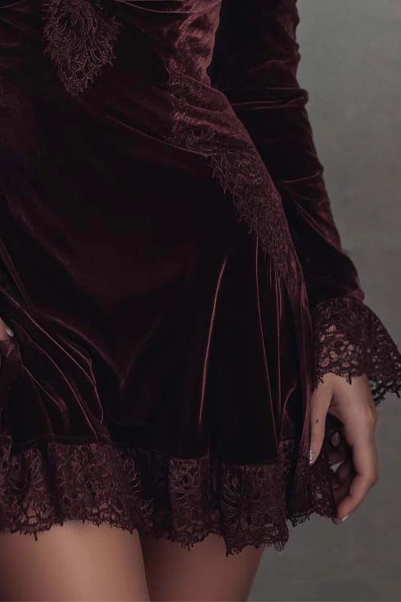 Velvet Lace Trim Mini Dress - View 3
