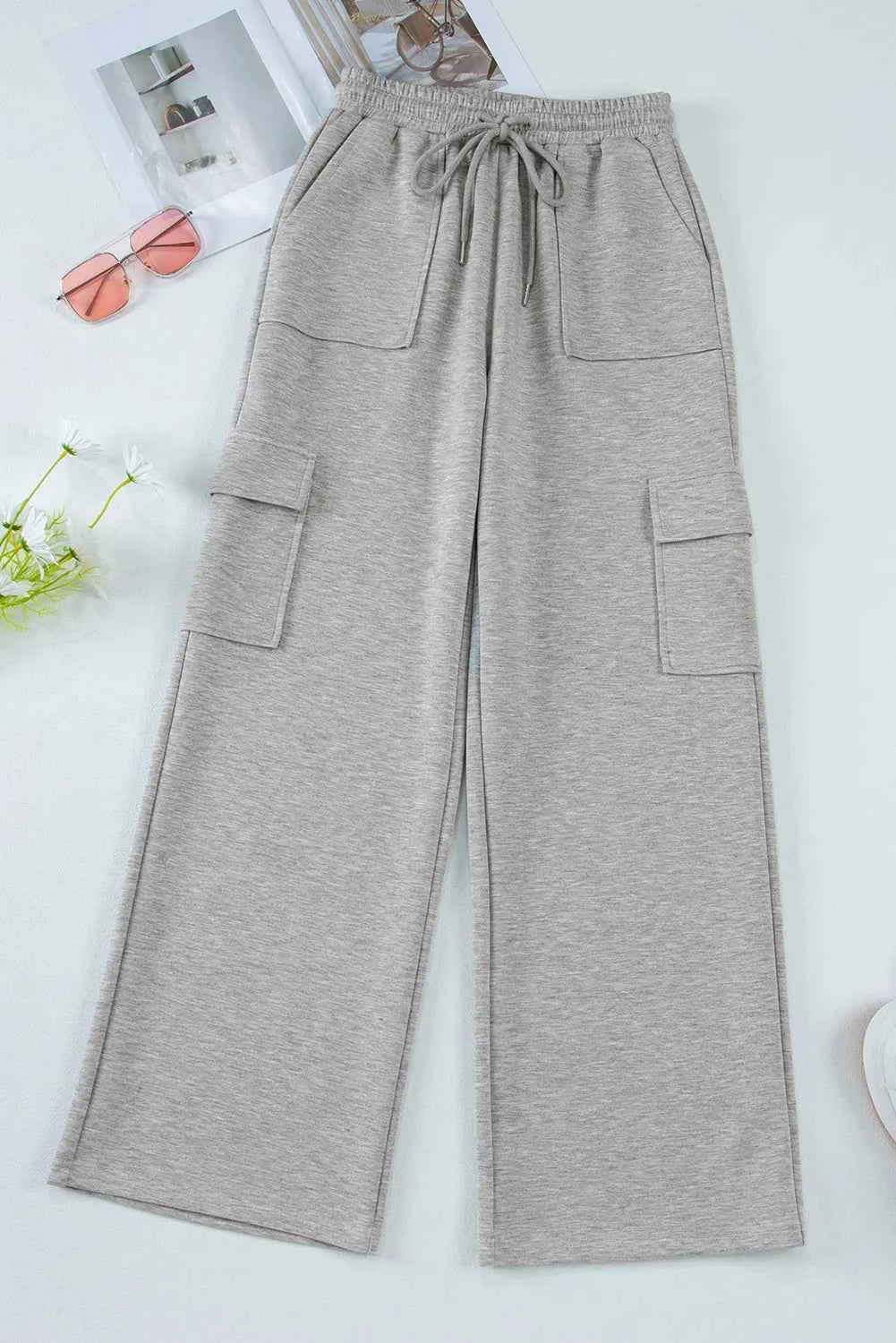 Drawstring Elastic Waist Cargo Pocket Wide Leg Sweatpants 2