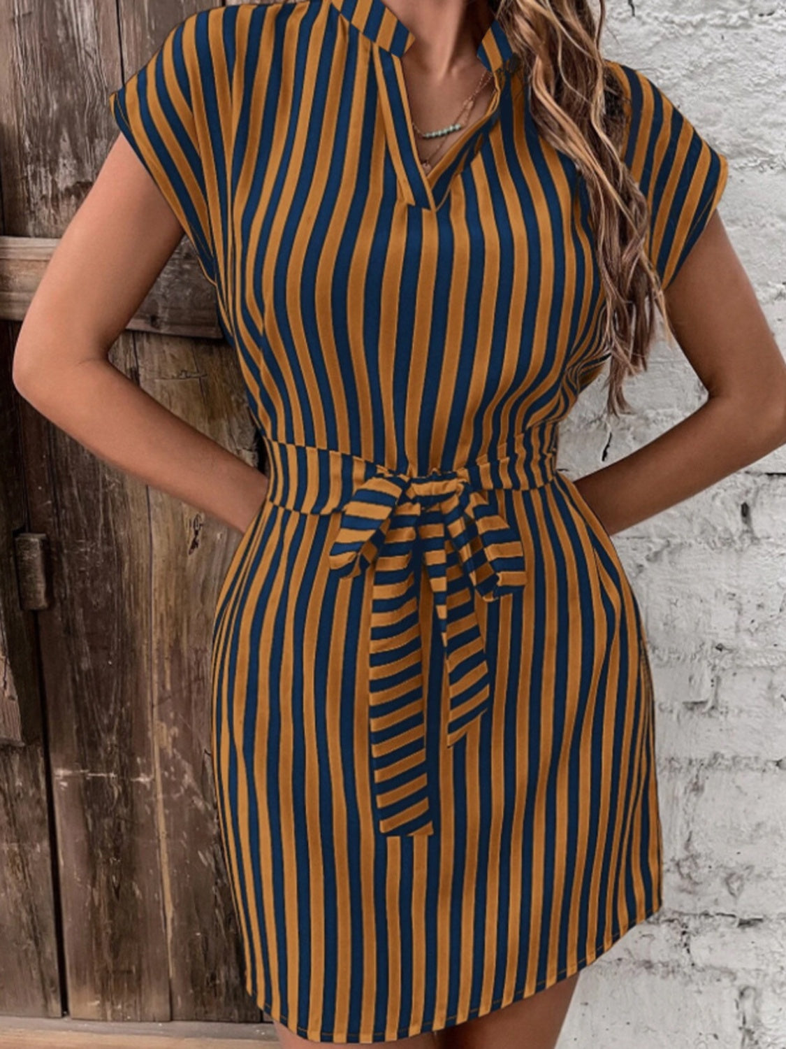 Tied Striped Cap Sleeve Mini Dress Caramel