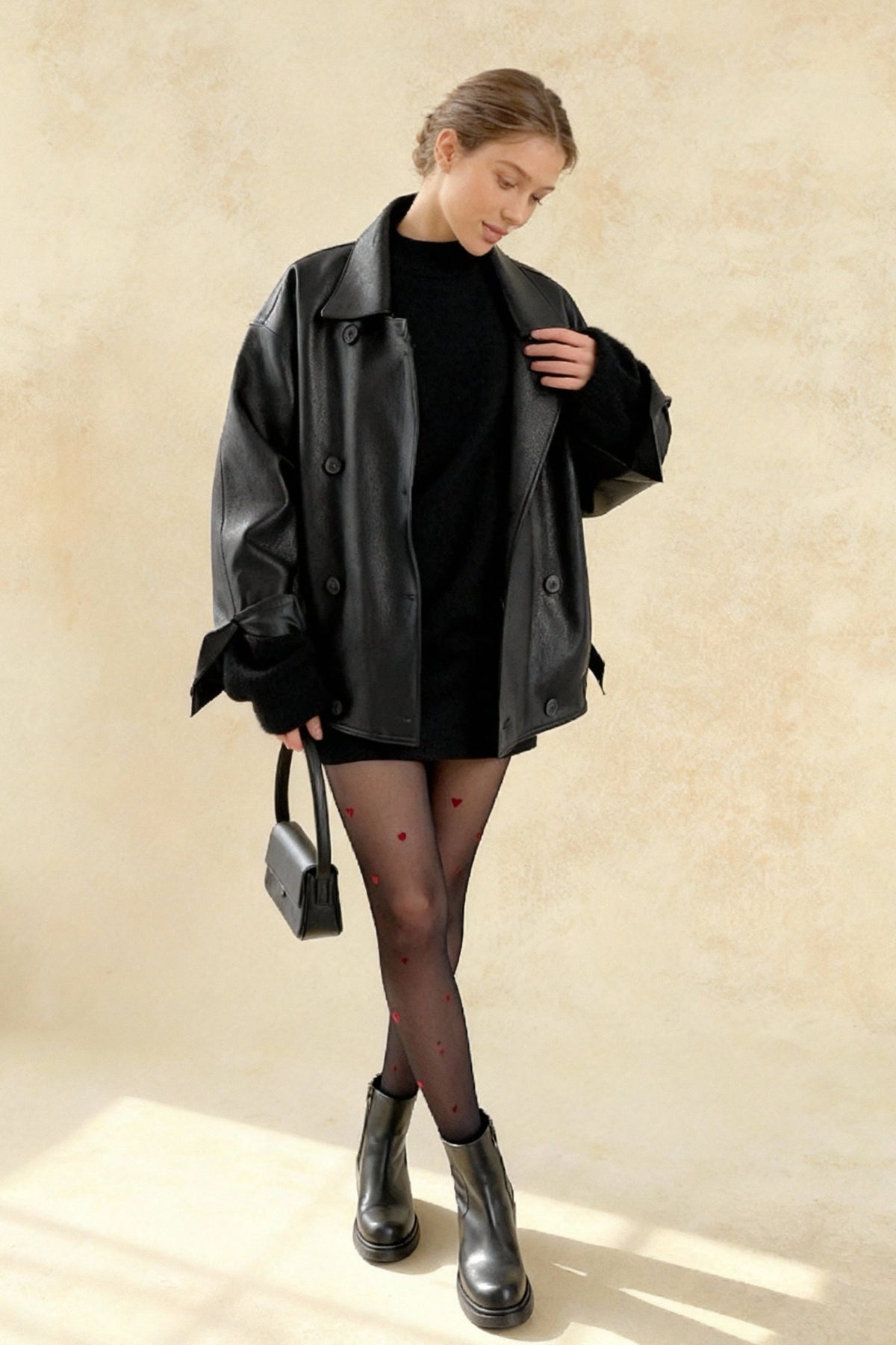 Faux Leather Double Breasted Lapel Collar Oversized Short Jacket 2