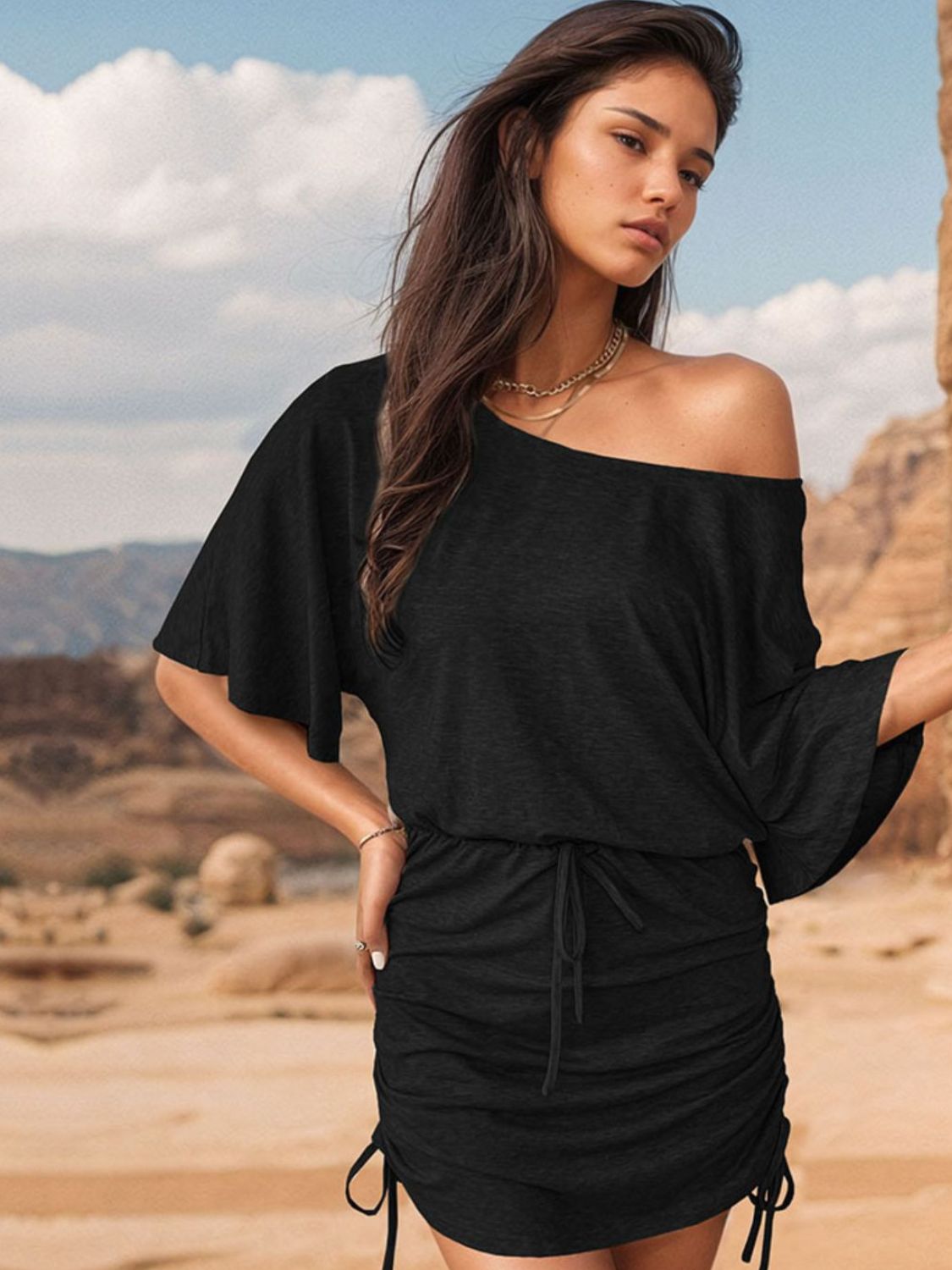 Off Shoulder Batwing Sleeve Drawstring Ruched Side Mini Dress 7