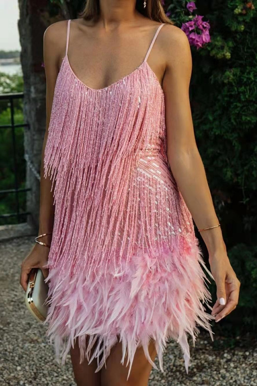 Sequin Fringe V-Neck Feather Hem Mini Party Dress - View 2