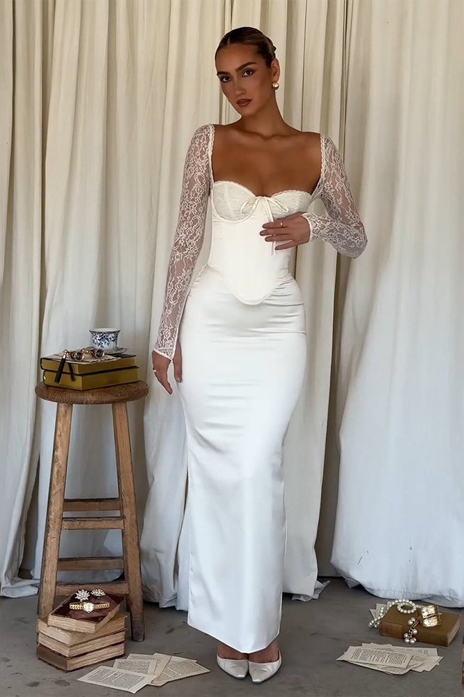 Long Sleeve Lace Satin Maxi Dress - View 8