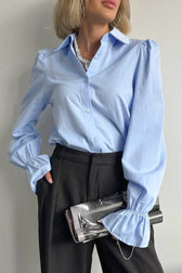Blue Flare Sleeve Collared Blouse