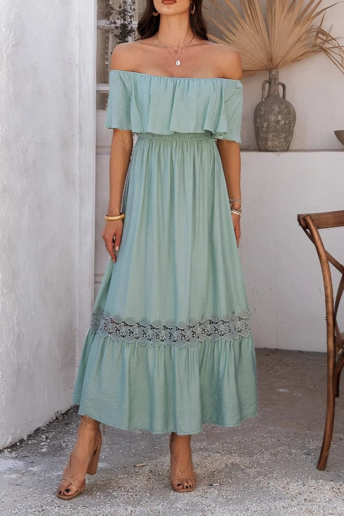 Casual Off Shoulder Waist Cinched Boho Dress