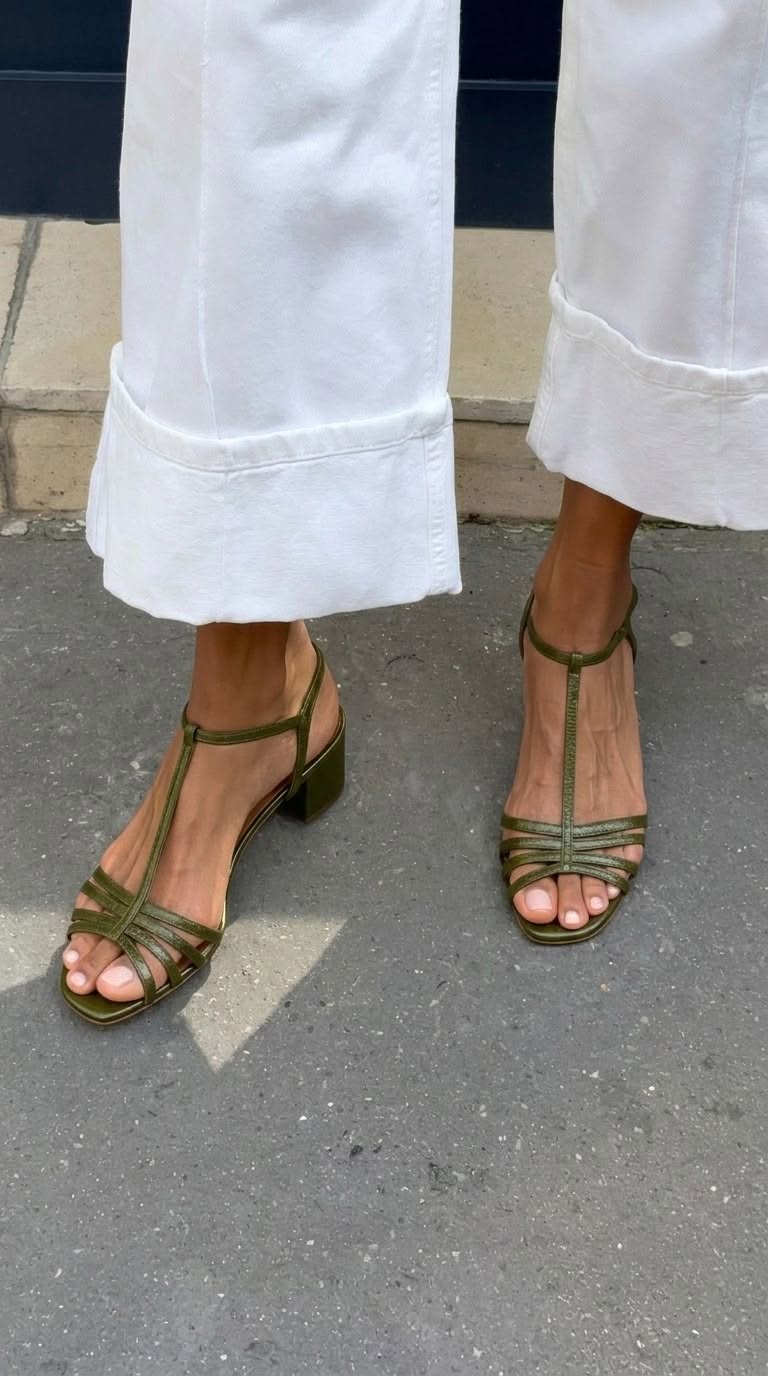 T-Strap Metallic Low Block Heel Sandals