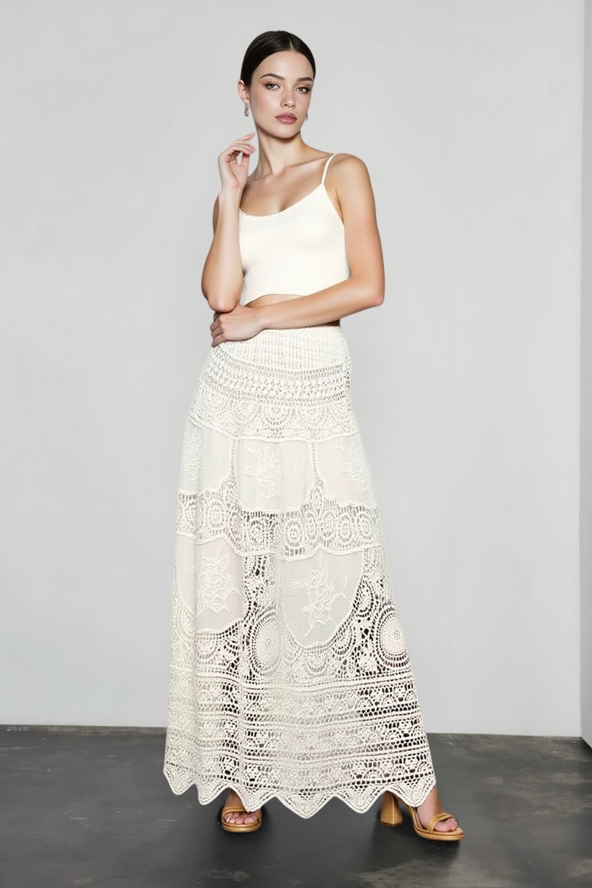 Crochet Lace Hollow Out Tiered Scalloped Hem Maxi Skirt