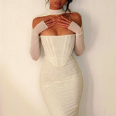 Mesh Long Sleeve Corset Off Shoulder Bodycon Maxi Dress 2