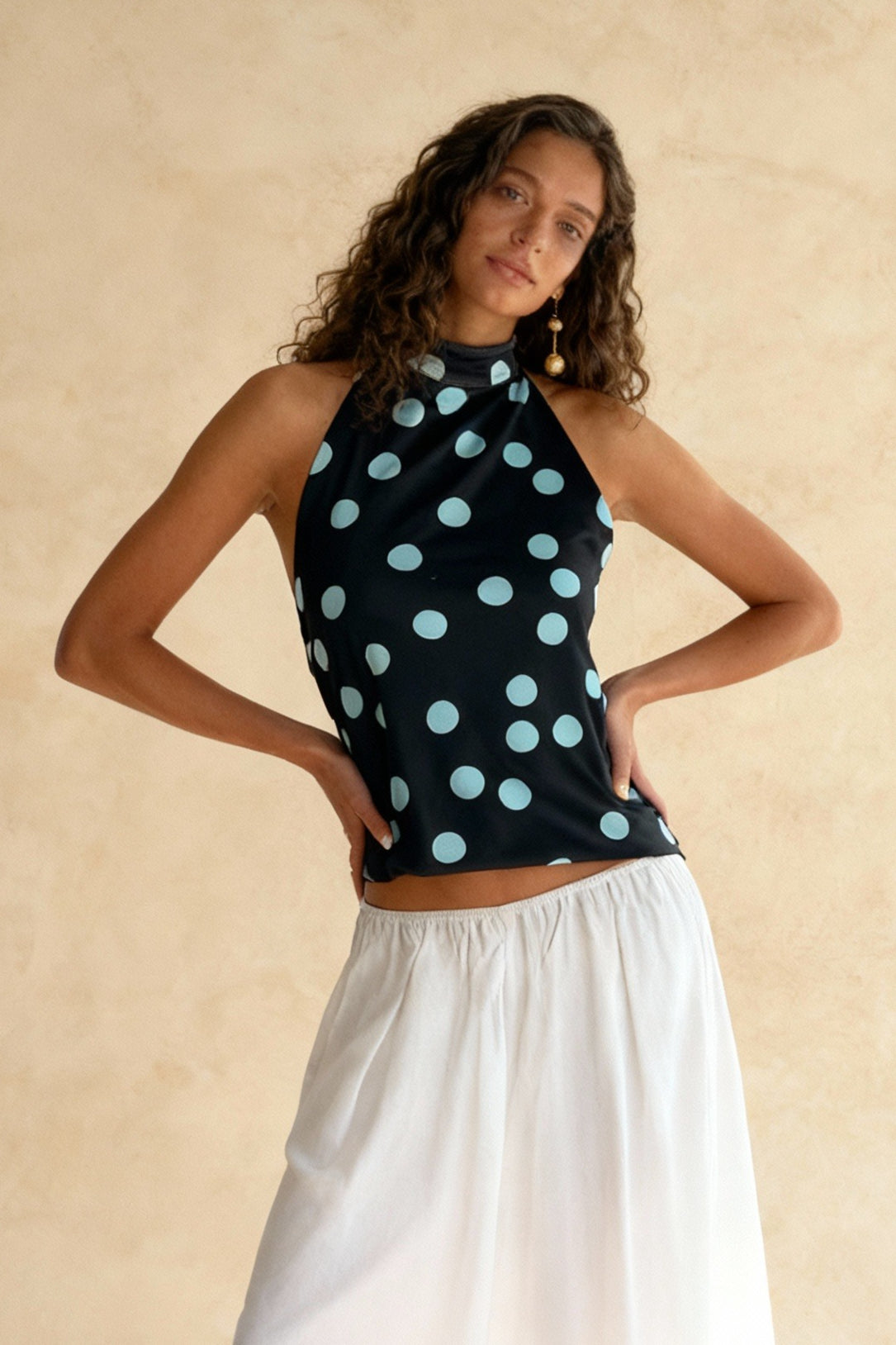 Polka Dot Halter Mock Neck Sleeveless Crop Top 4