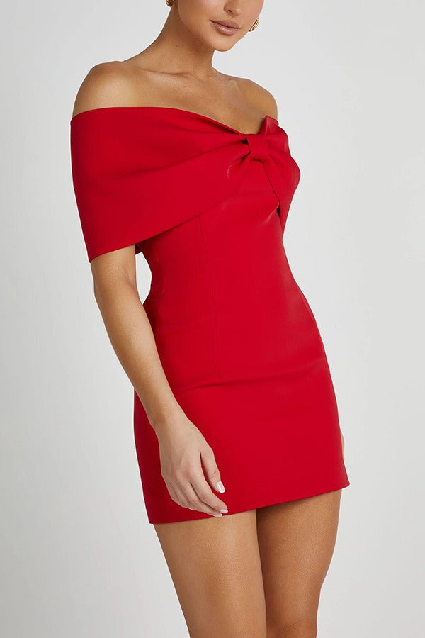 Off Shoulder Bow Detail Bodycon Cocktail Mini Dress